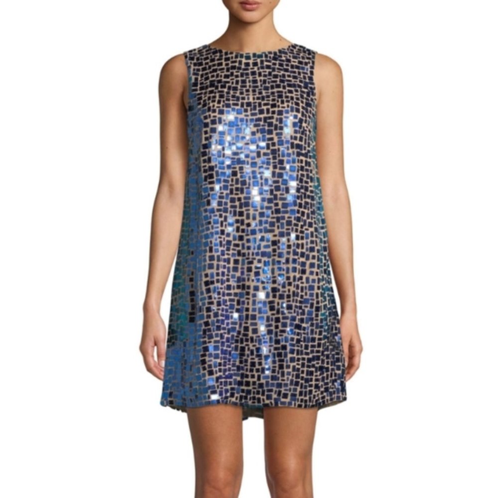 Alice + Olivia Blue and Black Sequin Mosaic Mini Dress